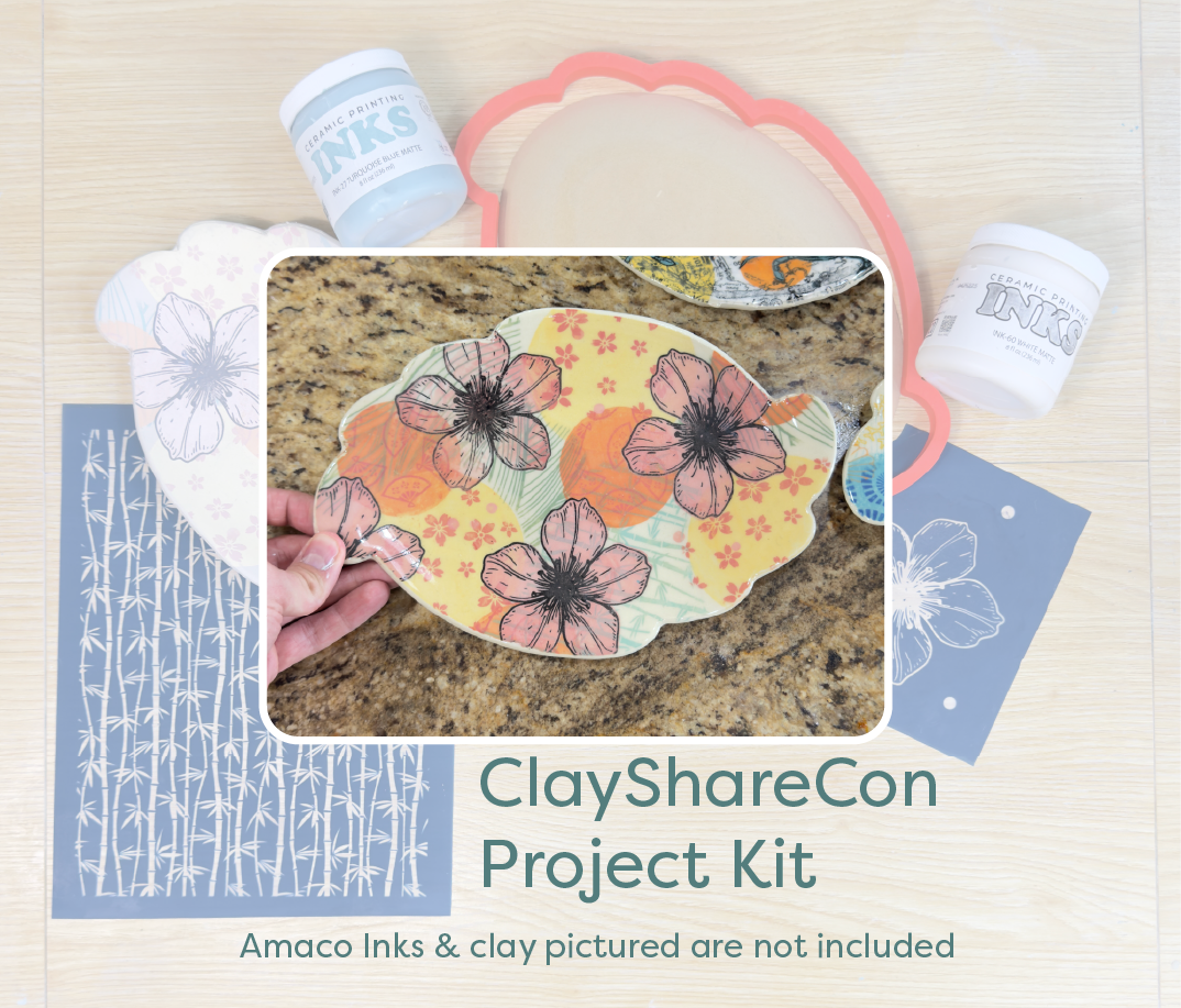 Brightly decorated dish with screen printing on clay supplies in the background. 