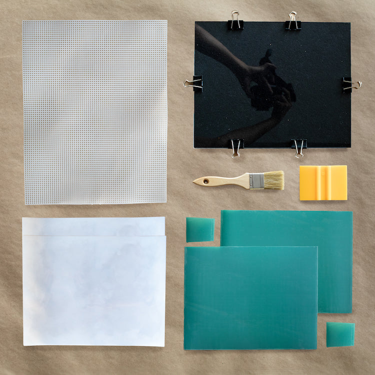 Screen printing kit flat lay for making custom stencils